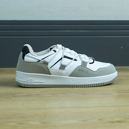 +6 cm Boy Uzatan Gizli Topuklu Bağcıklı ve Lastik Detaylı Beyaz-Gri Spor Ayakkabı, Sneaker