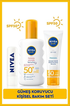 SUN Hassas Güneş Koruyucu Sprey SPF50 200ml, Yüz Güneş Koruyucu 50ml, Renksiz Dudak Bakım Kremi