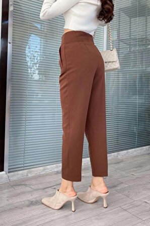 Kadın Yüksek Bel Pensli Havuç Kumaş Pantolon - Kahverengi