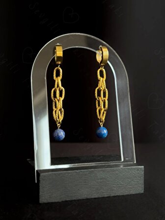 Lapis Lazuli Doğal Taşlı Gold Çelik Küpe | Sevgili Takı Koleksiyonu