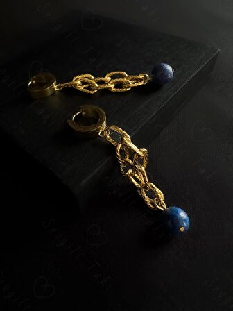 Lapis Lazuli Doğal Taşlı Gold Çelik Küpe | Sevgili Takı Koleksiyonu