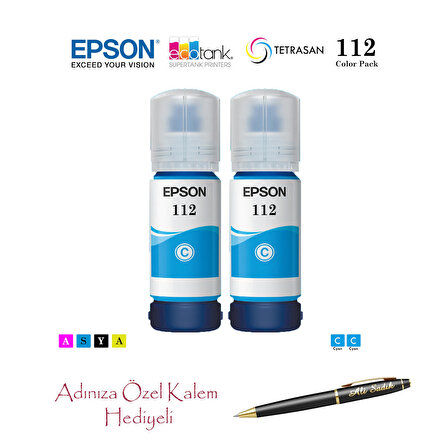 Epson 112 (CYAN) 2'Li Mavi, Epson EcoTank L6570 Uyumlu Kalem Hediyeli 2 Mavi Mürekkep Seti