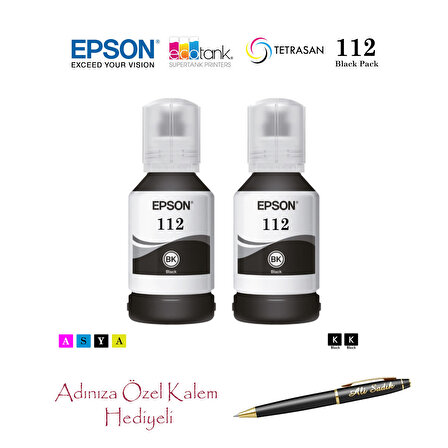 Epson 112 (BK) 2'Lİ Siyah, Epson EcoTank L6550 Uyumlu Kalem Hediyeli 2 Siyah Mürekkep Seti