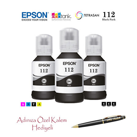 Epson 112 (BK) 3'Lü Siyah, Epson EcoTank L15160 Uyumlu Kalem Hediyeli 3 Siyah Mürekkep Seti