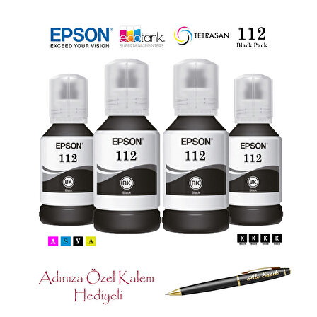 Epson 112 (BK) 4'Lü Siyah, Epson EcoTank L15150 Uyumlu Kalem Hediyeli 4 Siyah Mürekkep Seti