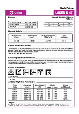 GeKa Laser B 47 Bazik Kaynak Elektrod E7018 H4 4,00x450 MM