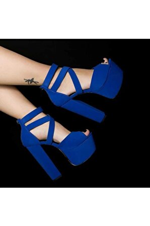 Kadın Fermuar Detaylı Saks Mavi Süet Platform Topuklu Ayakkabı
