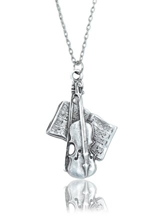 Keman - Nota Defteri - Müzisyen Erkek Kadın Kolye Antik Gümüş Kaplama - 60 cm Düz Zincir