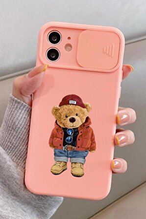 Slider Koruma Kapaklı iPhone 11  Teddy Bear Desenli Telefon Kılıfı