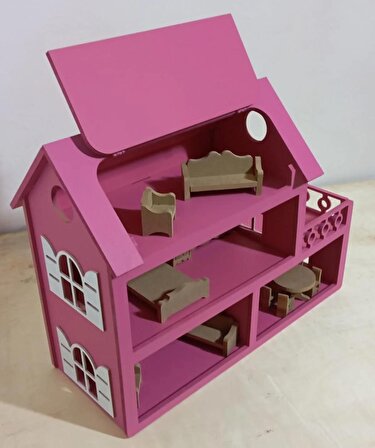 boyalı ahşap çatısı açılır barbie evi, mobilya seti hediyemizdir