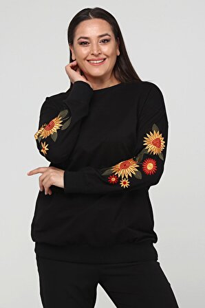 Kadın Büyük Beden Kolları Çiçek Nakışlı Uzun Siyah Sweatshirt