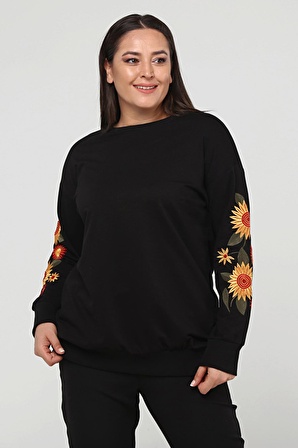 Kadın Büyük Beden Kolları Çiçek Nakışlı Uzun Siyah Sweatshirt