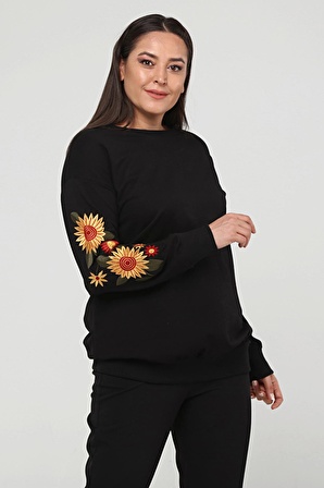 Kadın Büyük Beden Kolları Çiçek Nakışlı Uzun Siyah Sweatshirt