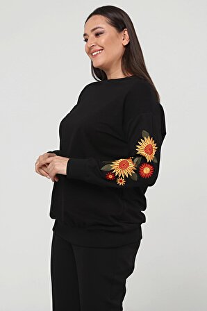Kadın Büyük Beden Kolları Çiçek Nakışlı Uzun Siyah Sweatshirt