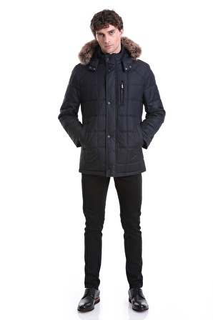 Lacivert Slim Fit Düz Hakim Yaka Kürklü Kapüşonlu Kaban | S