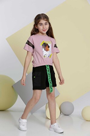 Kız Çocuk Şortlu Takım Cepli Şort Basic Tshirt 8-12Yaş 