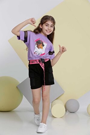 Kız Çocuk Şortlu Takım Cepli Şort Basic Tshirt 8-12Yaş 