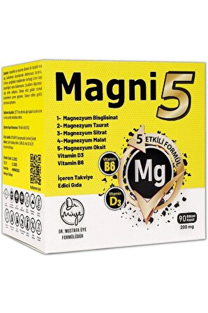 Magni5 Magnezyum 5 Etkili Form 3 Aylık 90 Kapsül B6 D3 Vitamini Bisglisinat Malat Taurat Sitrat Oksit