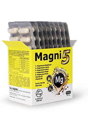 Magni5 Magnezyum 5 Etkili Form 3 Aylık 90 Kapsül B6 D3 Vitamini Bisglisinat Malat Taurat Sitrat Oksit