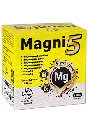 Magni5 Magnezyum 5 Etkili Form 3 Aylık 90 Kapsül B6 D3 Vitamini Bisglisinat Malat Taurat Sitrat Oksit