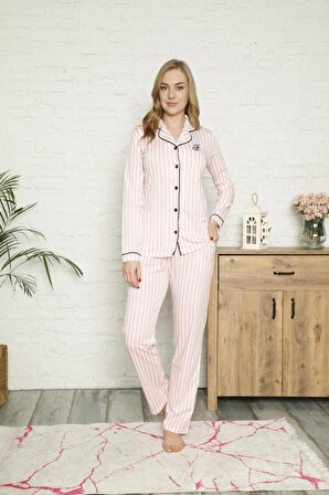 Kadın Pembe Beyaz Çizgili Önden Düğmeli Gömlek Yaka Uzun Kol Mevsimlik Pamuk Likra Pijama Takımı