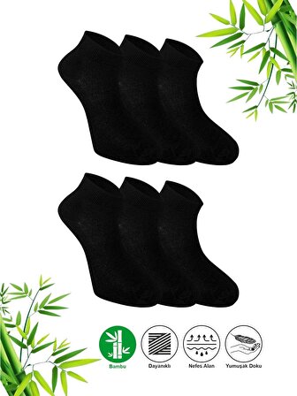 6 Çift Desensiz Düz Sade Erkek Patik Bambu Siyah Çorap - Bilek Boy Kısa Spor Koşu Yürüyüş Çorabı