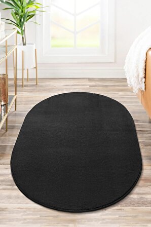 Oval Comfort Puffy Overloklu Peluş Halı Siyah