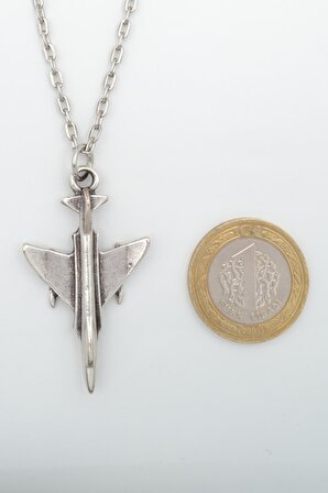F16 Savaş Uçağı Erkek Kadın Kolye Antik Gümüş Kaplama - 60 cm Düz Zincir