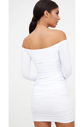 Kadın Beyaz Uzun Kollu Drapeli Straplez Elbise