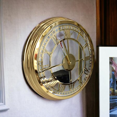 Aynalı Gold Metal Salon Otel Ofis Duvar Saati 40 cm