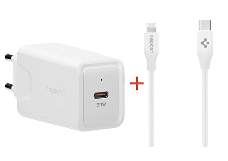 Apple Spigen SteadiBoost 27W Hızlı Şarj Cihazı +Spigen Essential USB-C to Lightning PD 1M