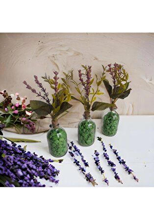 Çakıl Taşı Cam Şişeli Yapay Çiçek Hediye Masa Süsü 3 lü Set B6