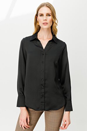 Uzun Kollu Siyah Kadın Saten Gömlek 1001-2K4