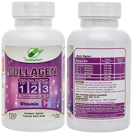 Yurdavit Set 100 Tablet Vitamin C Vitamini 1000 Mg Hydrolyzed Kolajen Tip 1-2-3 Hyaluronik Asit 