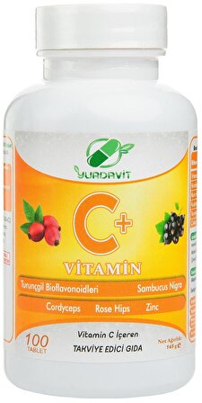 Yurdavit Vitamin C 2x100 Tablet Cordiceps Black Elderberry Citrus Bioflavonoids Zinc Sambucus Nigra