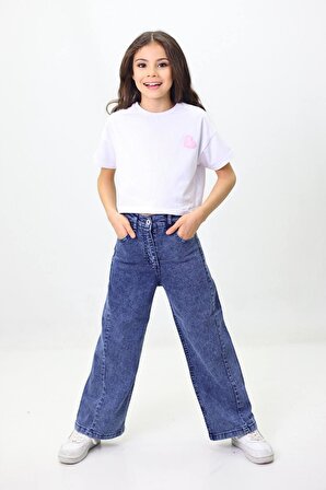  Kız Çocuk Mavi Siyah Geniş Paça Kot Pantolon