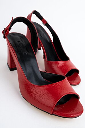 Modabuymus Kika Kırmızı Rugan Burnu Açık Kalın Topuklu Ayakkabı