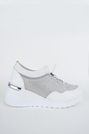 Modabuymus Stonestar Gri Taşlı Sneaker Dolgu Tabanlı Beyaz Spor Ayakkabı