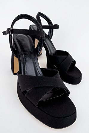 Modabuymus Sahra Siyah Saten Çapraz Bantlı Kalın Platform Topuklu Ayakkabı