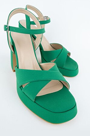 Modabuymus Sahra Yeşil Saten Çapraz Bantlı Kalın Platform Topuklu Ayakkabı