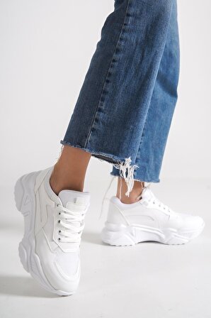 Modabuymus Fashi Beyaz Sneaker Fileli Kalın Taban Spor Ayakkabı