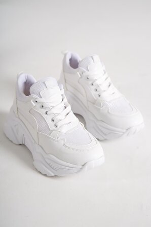 Modabuymus Fashi Beyaz Sneaker Fileli Kalın Taban Spor Ayakkabı