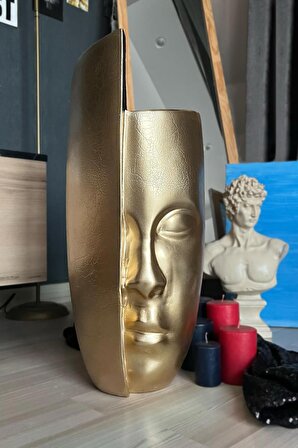 Dekoratif Gold Yarım Yüz Büyük Boy Vazo 40*16 Cm