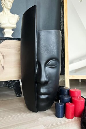 Dekoratif Siyah Yarım Yüz Büyük Boy Vazo 40*16 Cm