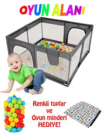 Bebek ve Çocuk Güvenli Oyun Alanı,Renkli Toplar ve Oyun Minderi Hediye! Gri