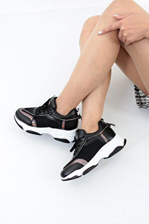 Kadın Siyah Taşlı Rahat Kalıp Spor Ayakkabı LDY-1008