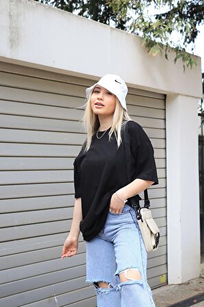 Oversize Düz Basic %100 Pamuk Örme Bisiklet Yaka T-shirt