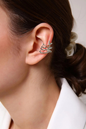 Gümüş Kaplama Kelebekli Sıkıştırılabilir Earcuff Küpe