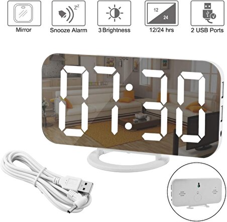 Aynalı LED Dijital Saat 2 USB Hızlı Şarj Alarmlı Masa Saati