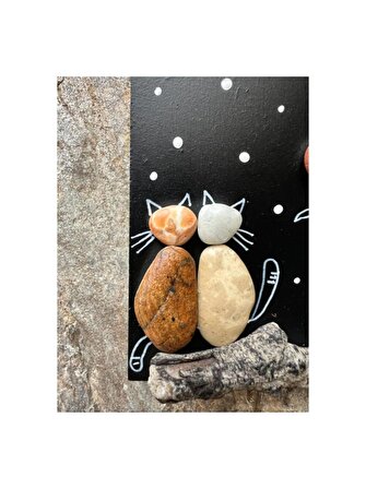 özel tasarım el yapımı pebble art kedili siyah kare tablo